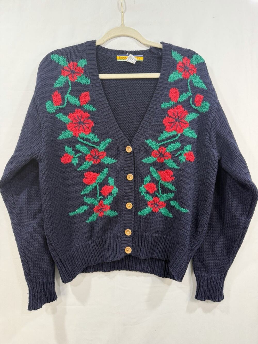 Vintage 1980s Vneck Women's Blue Sweater Flowers Sz M Wool Grandma